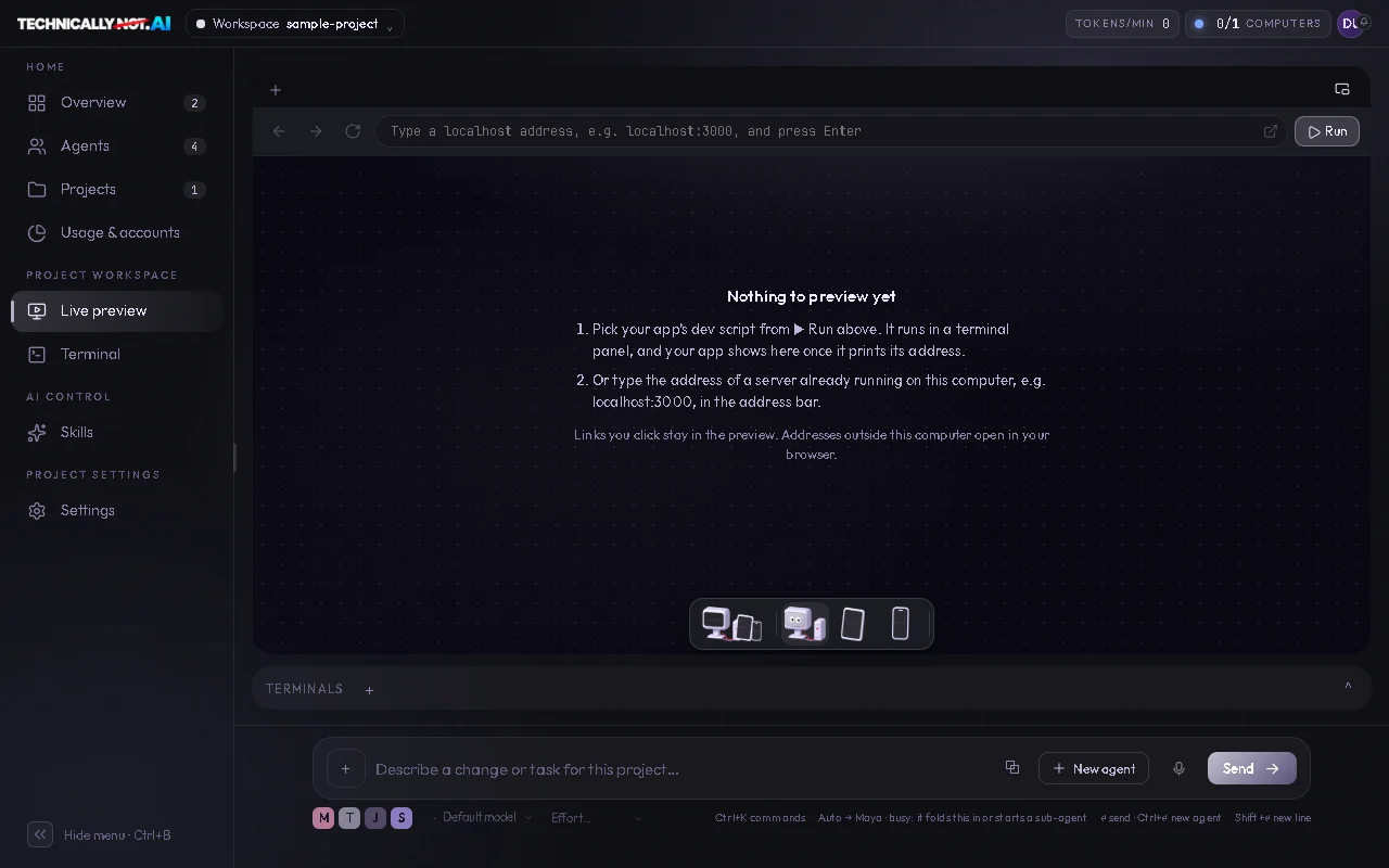 The Live preview page (Neutral accent) with the desktop character picked in the dock at the bottom and the preview area filling the page above it.