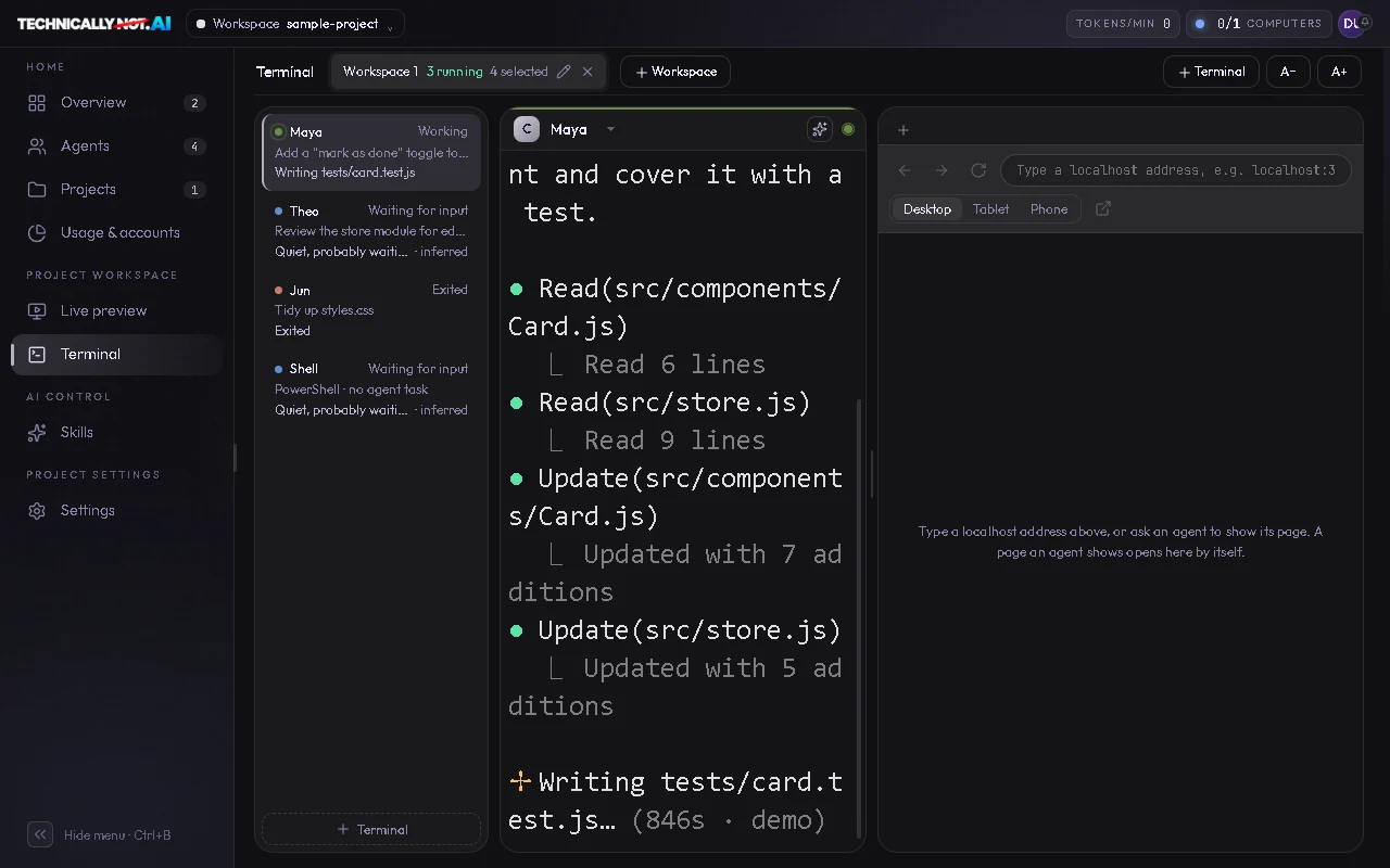 The Terminal page (Neutral accent): a sample agent's terminal with its text at the largest size, each line of the agent's work easy to read from a distance.
